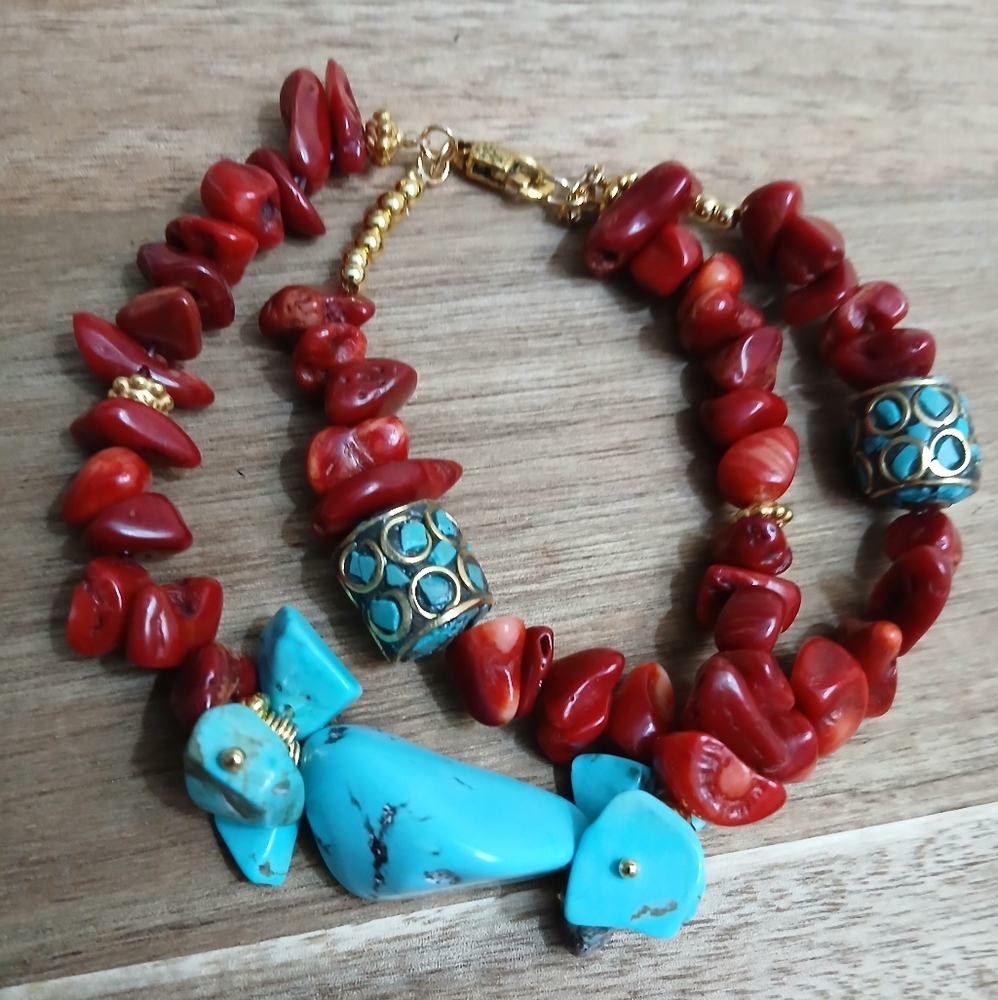Turquoise and Red Beaded Necklace